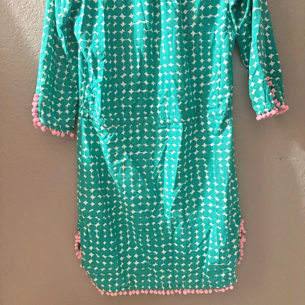 Boden Kelly Green & White Printed Tie-Waist 3/4 Sleeve Dress with Pink Pom Trim - Picture 11 of 13
